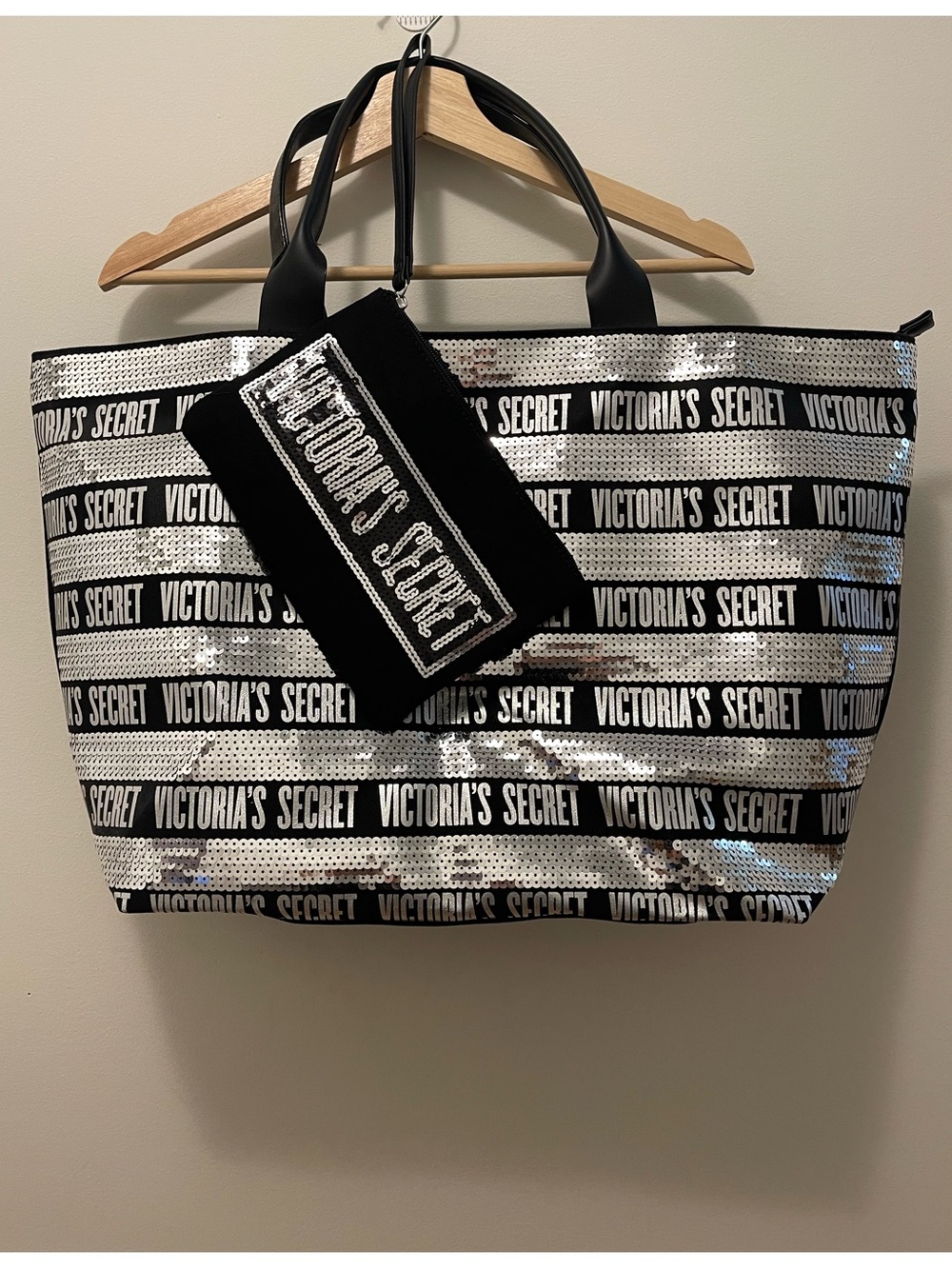 Victoria's Secret Black & Silver Sequin Logo Stripe Tote with Wristlet